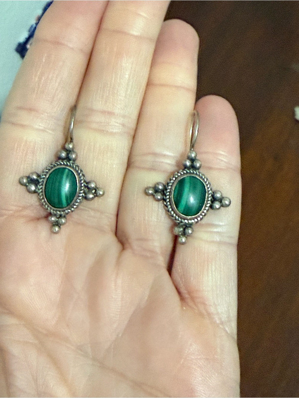 Vintage Navajo Sterling Silver Malachite Stone Hook Pierced Earrings